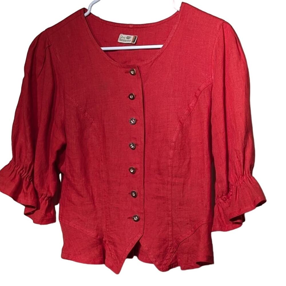 Resi Hammerer Red Vintage 80s Button Front Ruffle Three Quarter Sleeve Top Sz S